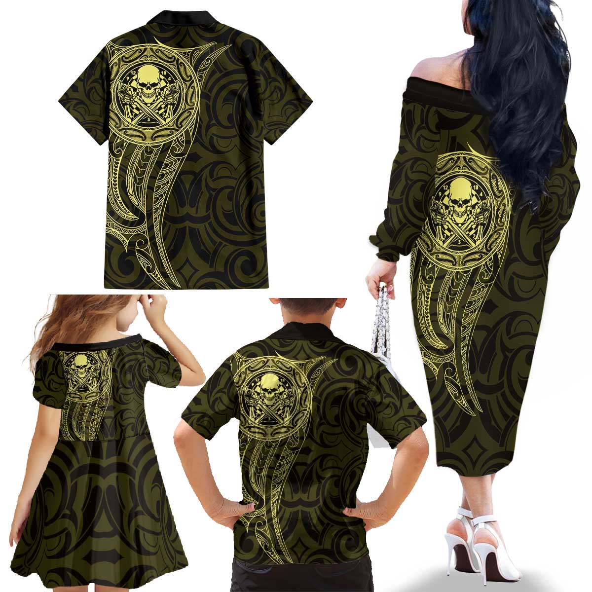 New Zealand Skull Darts Family Matching Off The Shoulder Long Sleeve Dress and Hawaiian Shirt Aotearoa Maori Chest Tattoo Stylized Gold - Aussie Hoodie