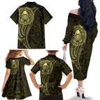New Zealand Skull Darts Family Matching Off The Shoulder Long Sleeve Dress and Hawaiian Shirt Aotearoa Maori Chest Tattoo Stylized Gold - Aussie Hoodie