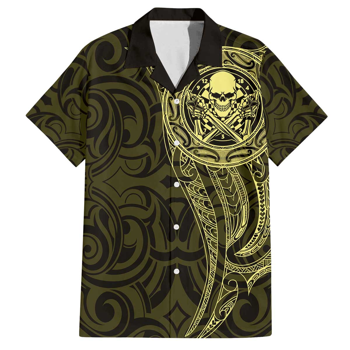New Zealand Skull Darts Family Matching Off The Shoulder Long Sleeve Dress and Hawaiian Shirt Aotearoa Maori Chest Tattoo Stylized Gold - Aussie Hoodie