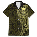 New Zealand Skull Darts Family Matching Off The Shoulder Long Sleeve Dress and Hawaiian Shirt Aotearoa Maori Chest Tattoo Stylized Gold - Aussie Hoodie