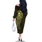 New Zealand Skull Darts Family Matching Off The Shoulder Long Sleeve Dress and Hawaiian Shirt Aotearoa Maori Chest Tattoo Stylized Gold - Aussie Hoodie