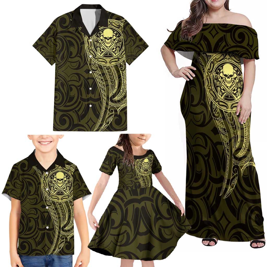 New Zealand Skull Darts Family Matching Off Shoulder Maxi Dress and Hawaiian Shirt Aotearoa Maori Chest Tattoo Stylized Gold - Aussie Hoodie