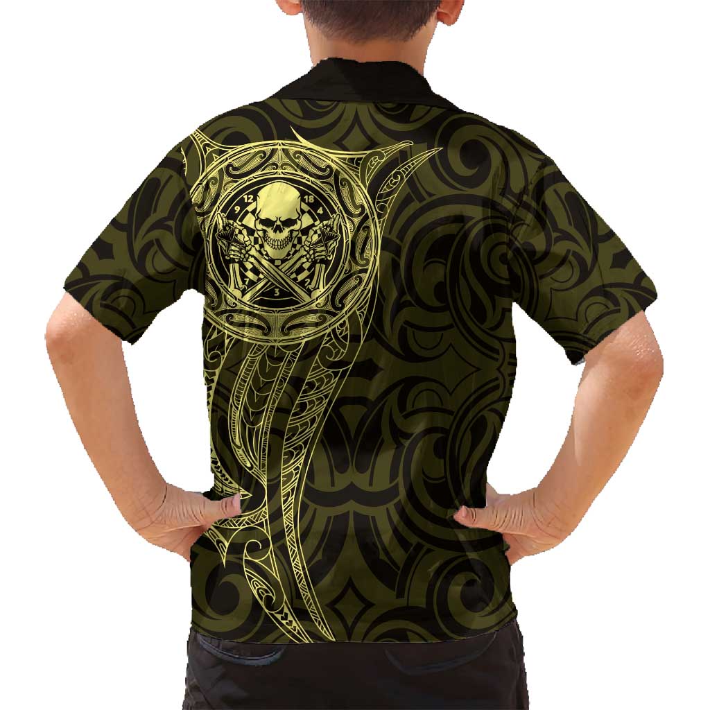 New Zealand Skull Darts Family Matching Off Shoulder Maxi Dress and Hawaiian Shirt Aotearoa Maori Chest Tattoo Stylized Gold - Aussie Hoodie