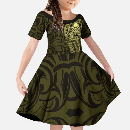 New Zealand Skull Darts Family Matching Off Shoulder Maxi Dress and Hawaiian Shirt Aotearoa Maori Chest Tattoo Stylized Gold - Aussie Hoodie