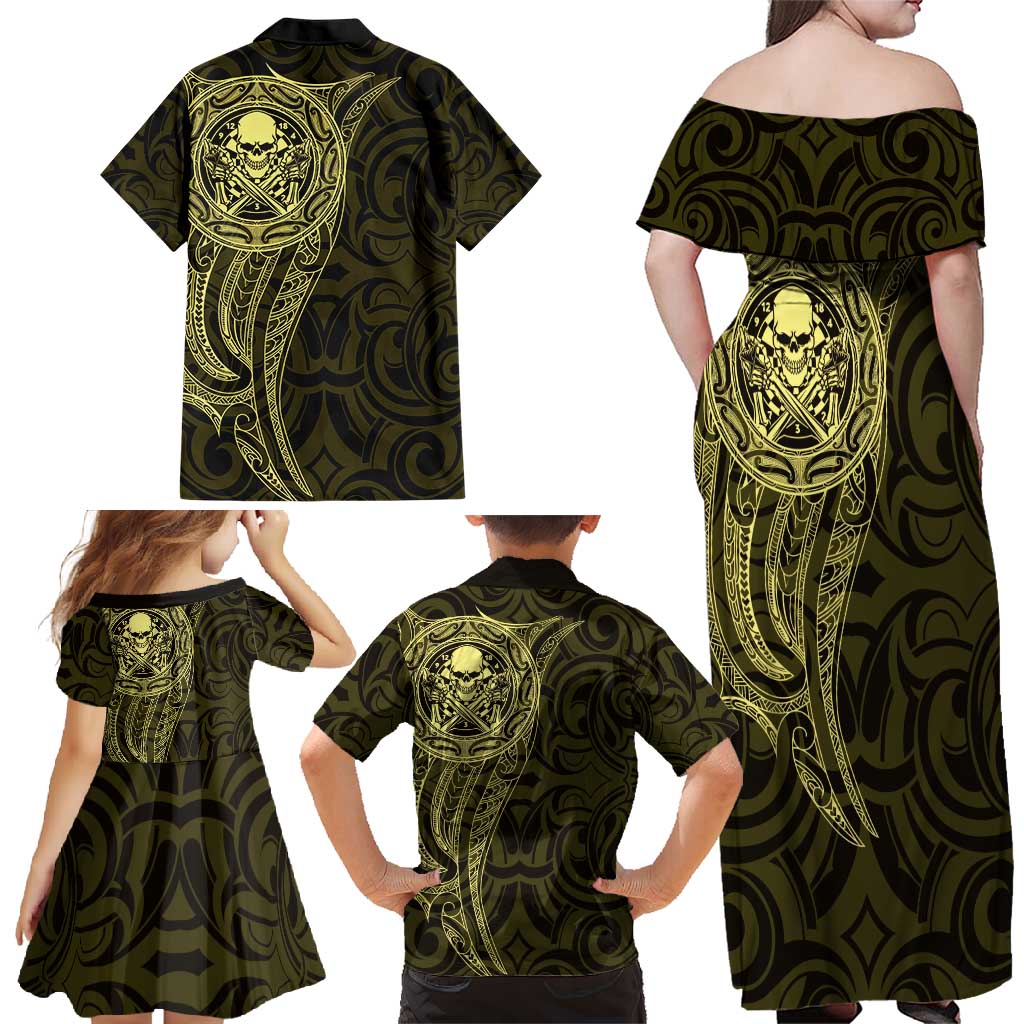 New Zealand Skull Darts Family Matching Off Shoulder Maxi Dress and Hawaiian Shirt Aotearoa Maori Chest Tattoo Stylized Gold - Aussie Hoodie