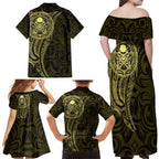 New Zealand Skull Darts Family Matching Off Shoulder Maxi Dress and Hawaiian Shirt Aotearoa Maori Chest Tattoo Stylized Gold - Aussie Hoodie