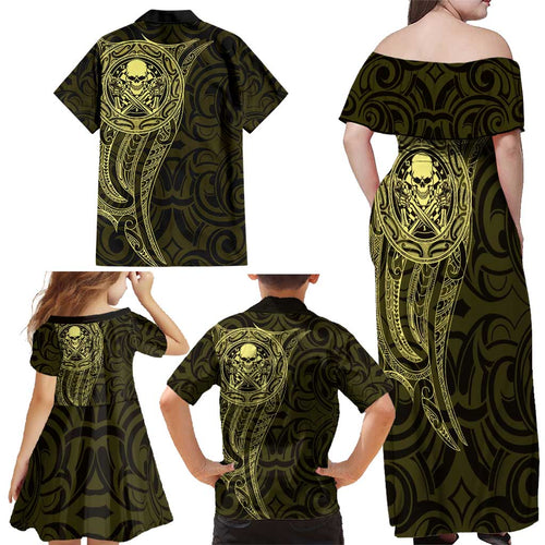 New Zealand Skull Darts Family Matching Off Shoulder Maxi Dress and Hawaiian Shirt Aotearoa Maori Chest Tattoo Stylized Gold - Aussie Hoodie