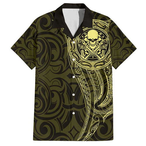 New Zealand Skull Darts Family Matching Off Shoulder Maxi Dress and Hawaiian Shirt Aotearoa Maori Chest Tattoo Stylized Gold - Aussie Hoodie