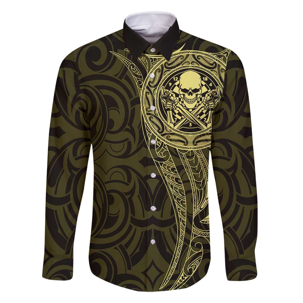 New Zealand Skull Darts Family Matching Off Shoulder Maxi Dress and Hawaiian Shirt Aotearoa Maori Chest Tattoo Stylized Gold - Aussie Hoodie