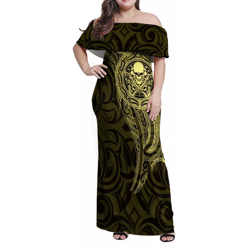 New Zealand Skull Darts Family Matching Off Shoulder Maxi Dress and Hawaiian Shirt Aotearoa Maori Chest Tattoo Stylized Gold - Aussie Hoodie