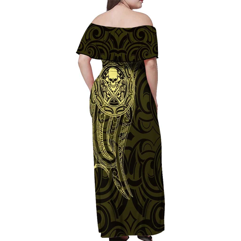 New Zealand Skull Darts Family Matching Off Shoulder Maxi Dress and Hawaiian Shirt Aotearoa Maori Chest Tattoo Stylized Gold - Aussie Hoodie