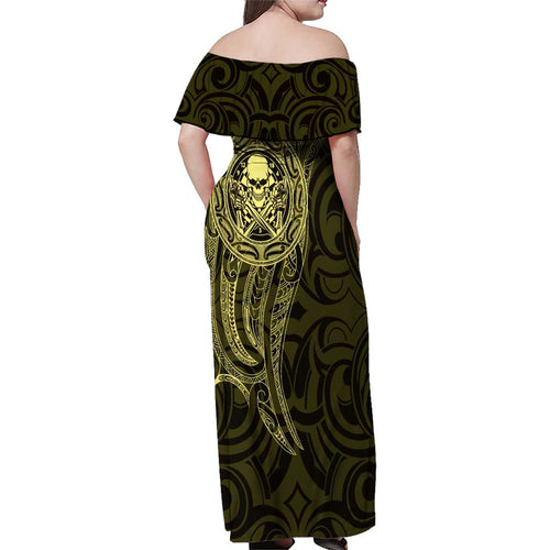 New Zealand Skull Darts Family Matching Off Shoulder Maxi Dress and Hawaiian Shirt Aotearoa Maori Chest Tattoo Stylized Gold - Aussie Hoodie