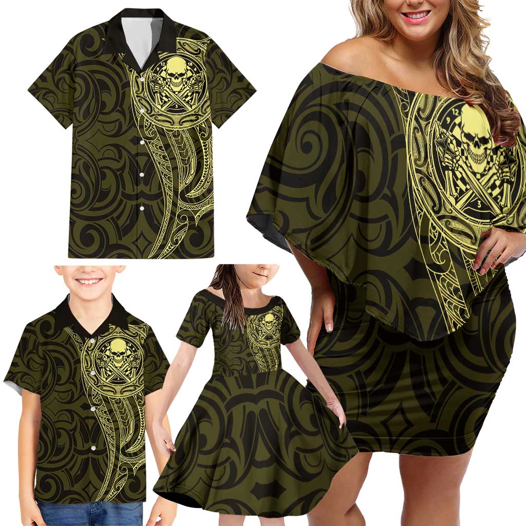 New Zealand Skull Darts Family Matching Off Shoulder Short Dress and Hawaiian Shirt Aotearoa Maori Chest Tattoo Stylized Gold - Aussie Hoodie