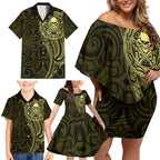 New Zealand Skull Darts Family Matching Off Shoulder Short Dress and Hawaiian Shirt Aotearoa Maori Chest Tattoo Stylized Gold - Aussie Hoodie