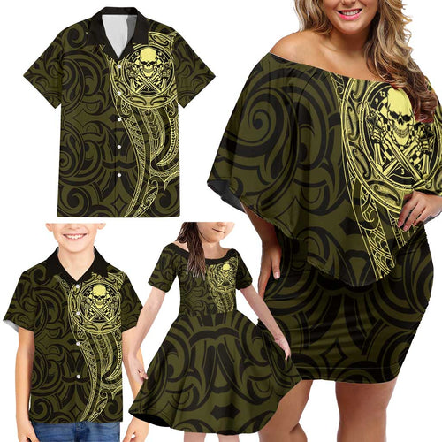 New Zealand Skull Darts Family Matching Off Shoulder Short Dress and Hawaiian Shirt Aotearoa Maori Chest Tattoo Stylized Gold - Aussie Hoodie
