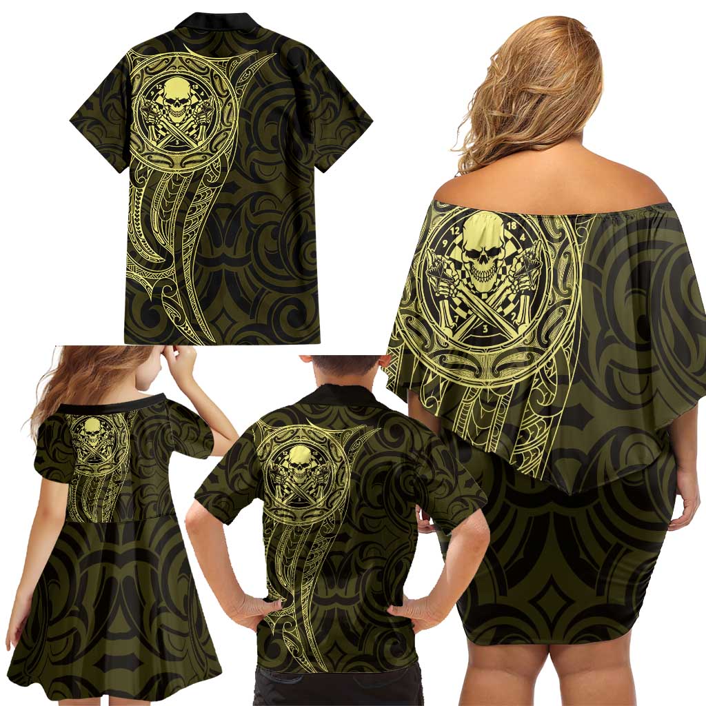 New Zealand Skull Darts Family Matching Off Shoulder Short Dress and Hawaiian Shirt Aotearoa Maori Chest Tattoo Stylized Gold - Aussie Hoodie