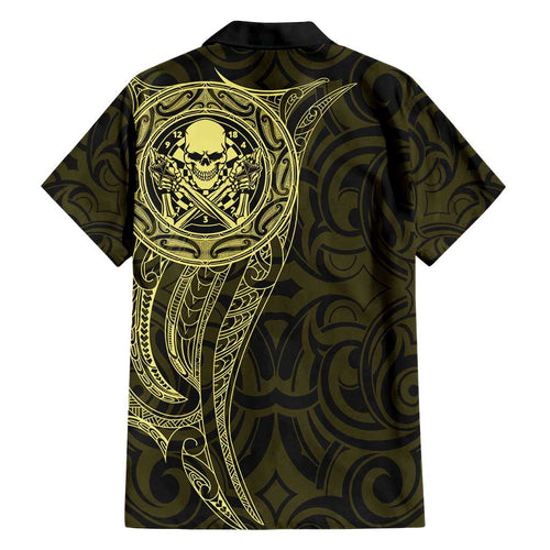 New Zealand Skull Darts Family Matching Off Shoulder Short Dress and Hawaiian Shirt Aotearoa Maori Chest Tattoo Stylized Gold - Aussie Hoodie
