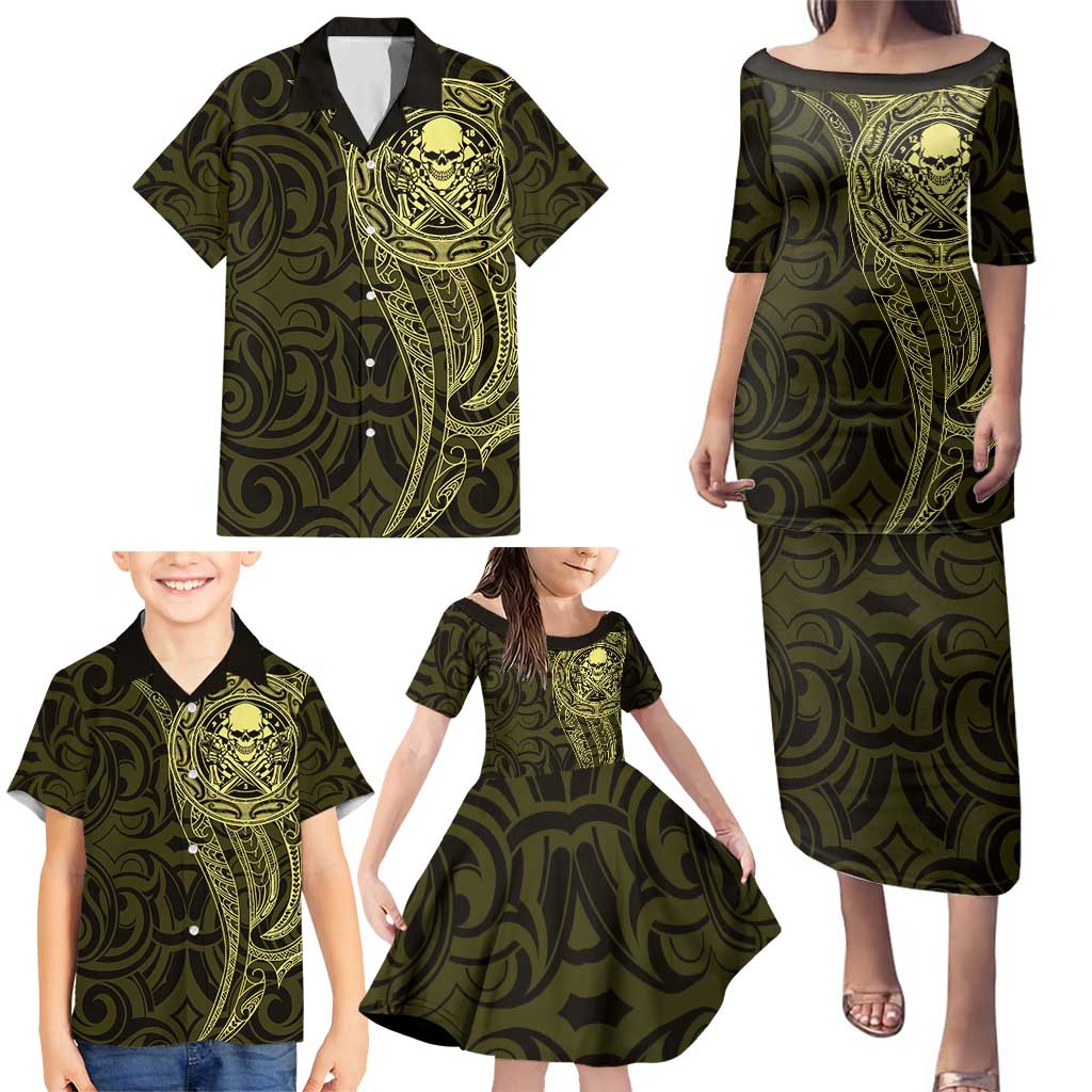 New Zealand Skull Darts Family Matching Puletasi and Hawaiian Shirt Aotearoa Maori Chest Tattoo Stylized Gold - Aussie Hoodie