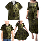 New Zealand Skull Darts Family Matching Puletasi and Hawaiian Shirt Aotearoa Maori Chest Tattoo Stylized Gold - Aussie Hoodie