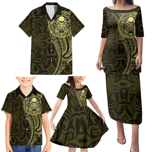 New Zealand Skull Darts Family Matching Puletasi and Hawaiian Shirt Aotearoa Maori Chest Tattoo Stylized Gold - Aussie Hoodie