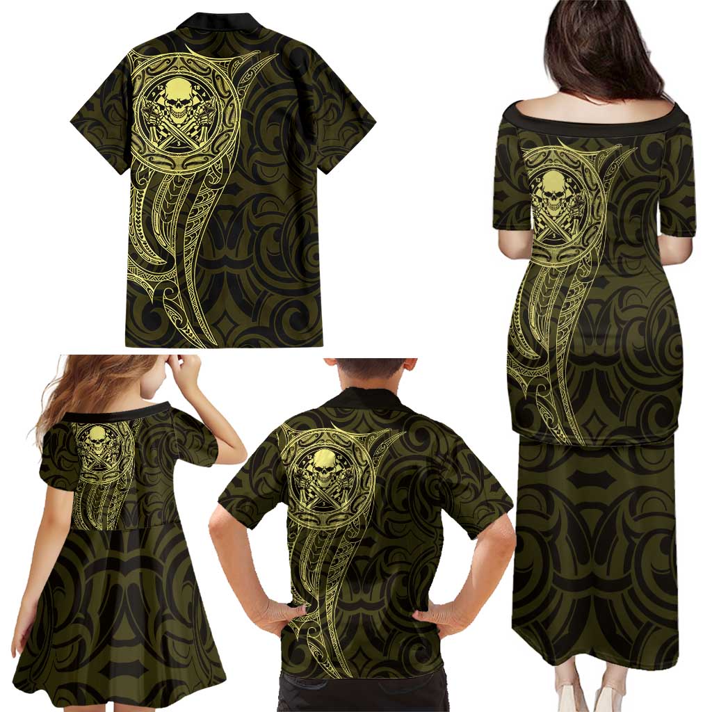 New Zealand Skull Darts Family Matching Puletasi and Hawaiian Shirt Aotearoa Maori Chest Tattoo Stylized Gold - Aussie Hoodie