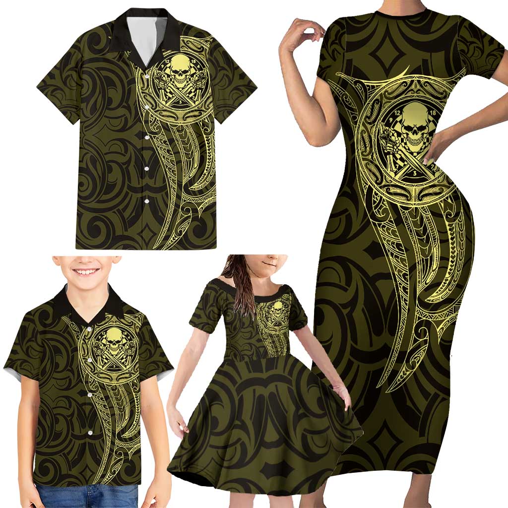 New Zealand Skull Darts Family Matching Short Sleeve Bodycon Dress and Hawaiian Shirt Aotearoa Maori Chest Tattoo Stylized Gold - Aussie Hoodie