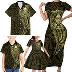 New Zealand Skull Darts Family Matching Short Sleeve Bodycon Dress and Hawaiian Shirt Aotearoa Maori Chest Tattoo Stylized Gold - Aussie Hoodie