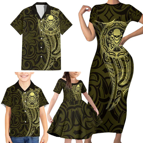 New Zealand Skull Darts Family Matching Short Sleeve Bodycon Dress and Hawaiian Shirt Aotearoa Maori Chest Tattoo Stylized Gold - Aussie Hoodie