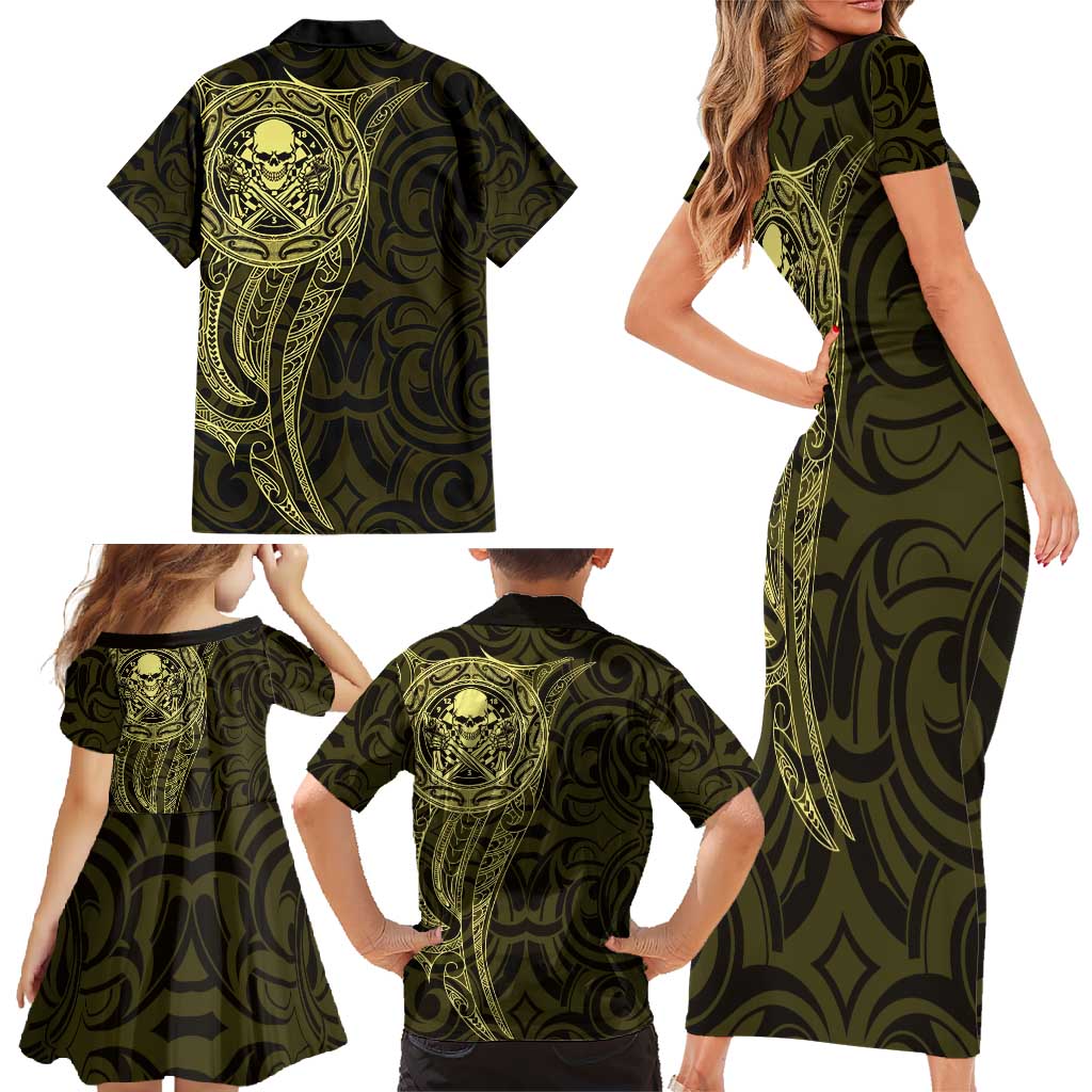 New Zealand Skull Darts Family Matching Short Sleeve Bodycon Dress and Hawaiian Shirt Aotearoa Maori Chest Tattoo Stylized Gold - Aussie Hoodie