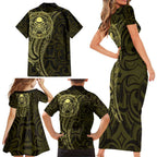 New Zealand Skull Darts Family Matching Short Sleeve Bodycon Dress and Hawaiian Shirt Aotearoa Maori Chest Tattoo Stylized Gold - Aussie Hoodie