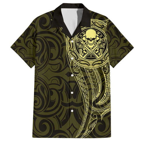 New Zealand Skull Darts Family Matching Short Sleeve Bodycon Dress and Hawaiian Shirt Aotearoa Maori Chest Tattoo Stylized Gold - Aussie Hoodie