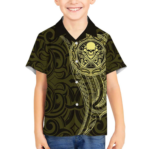New Zealand Skull Darts Family Matching Short Sleeve Bodycon Dress and Hawaiian Shirt Aotearoa Maori Chest Tattoo Stylized Gold - Aussie Hoodie