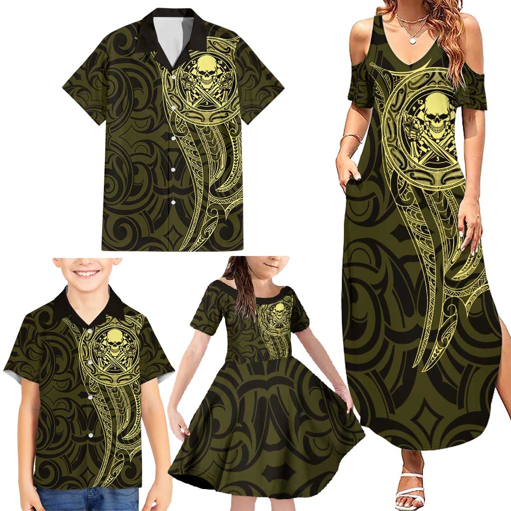 New Zealand Skull Darts Family Matching Summer Maxi Dress and Hawaiian Shirt Aotearoa Maori Chest Tattoo Stylized Gold - Aussie Hoodie