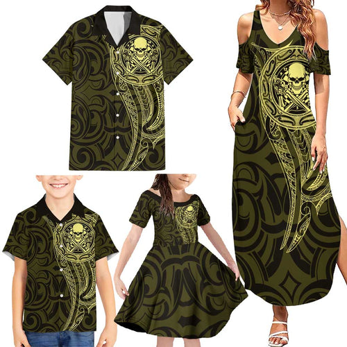 New Zealand Skull Darts Family Matching Summer Maxi Dress and Hawaiian Shirt Aotearoa Maori Chest Tattoo Stylized Gold - Aussie Hoodie