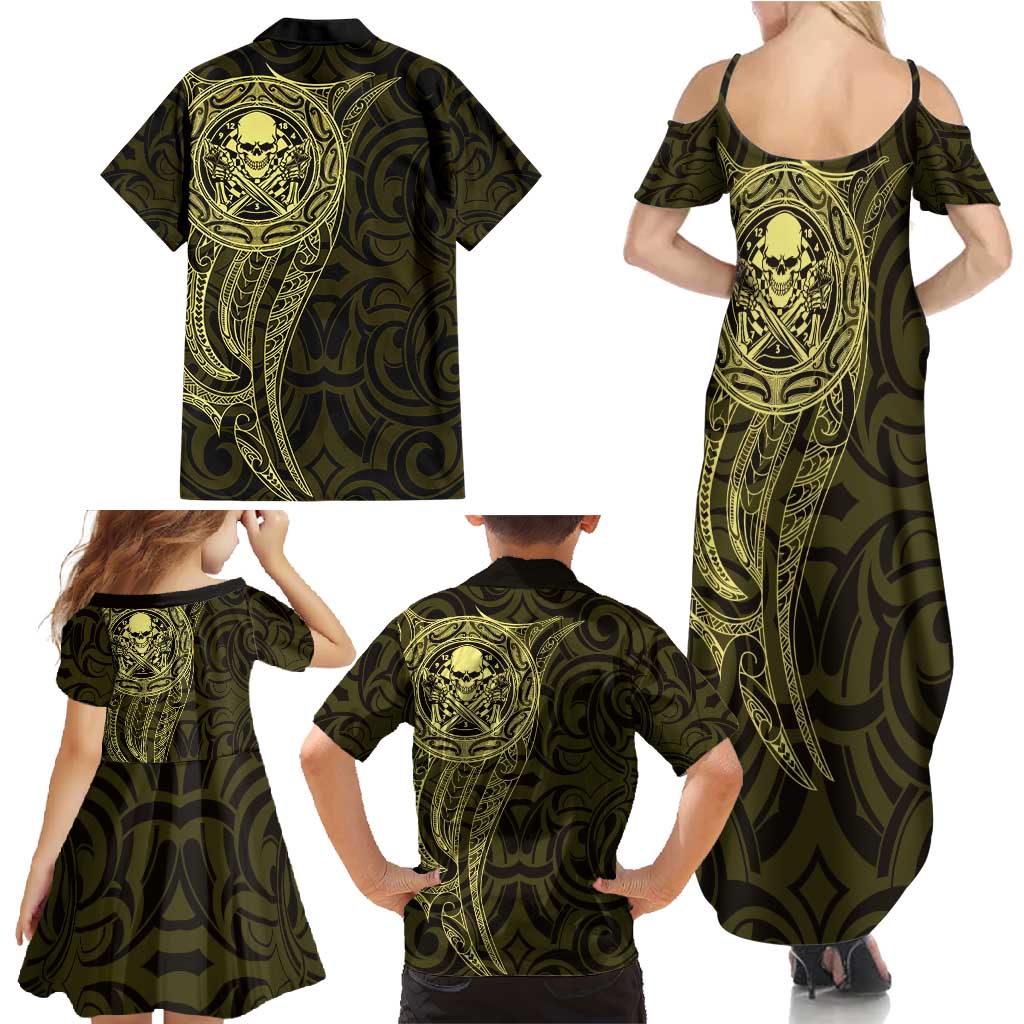 New Zealand Skull Darts Family Matching Summer Maxi Dress and Hawaiian Shirt Aotearoa Maori Chest Tattoo Stylized Gold - Aussie Hoodie