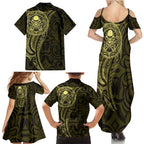 New Zealand Skull Darts Family Matching Summer Maxi Dress and Hawaiian Shirt Aotearoa Maori Chest Tattoo Stylized Gold - Aussie Hoodie