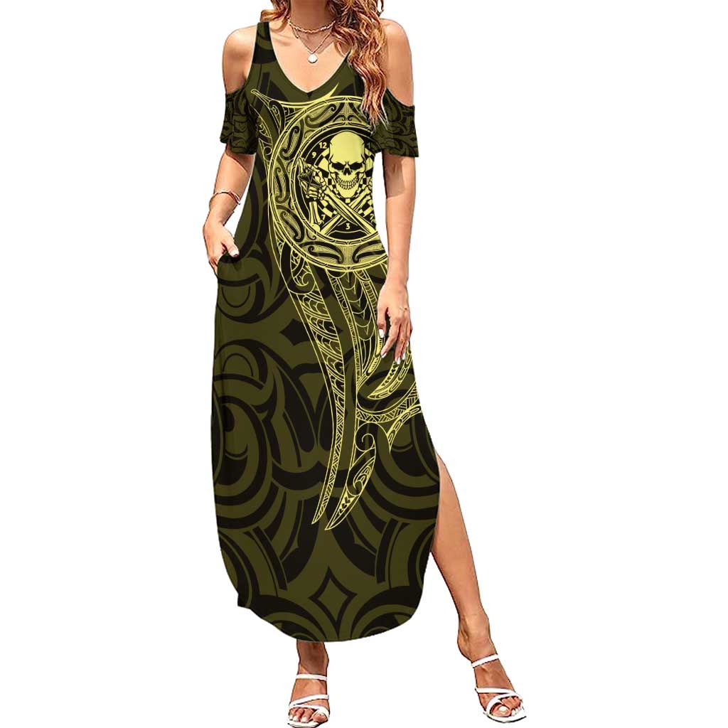 New Zealand Skull Darts Family Matching Summer Maxi Dress and Hawaiian Shirt Aotearoa Maori Chest Tattoo Stylized Gold - Aussie Hoodie