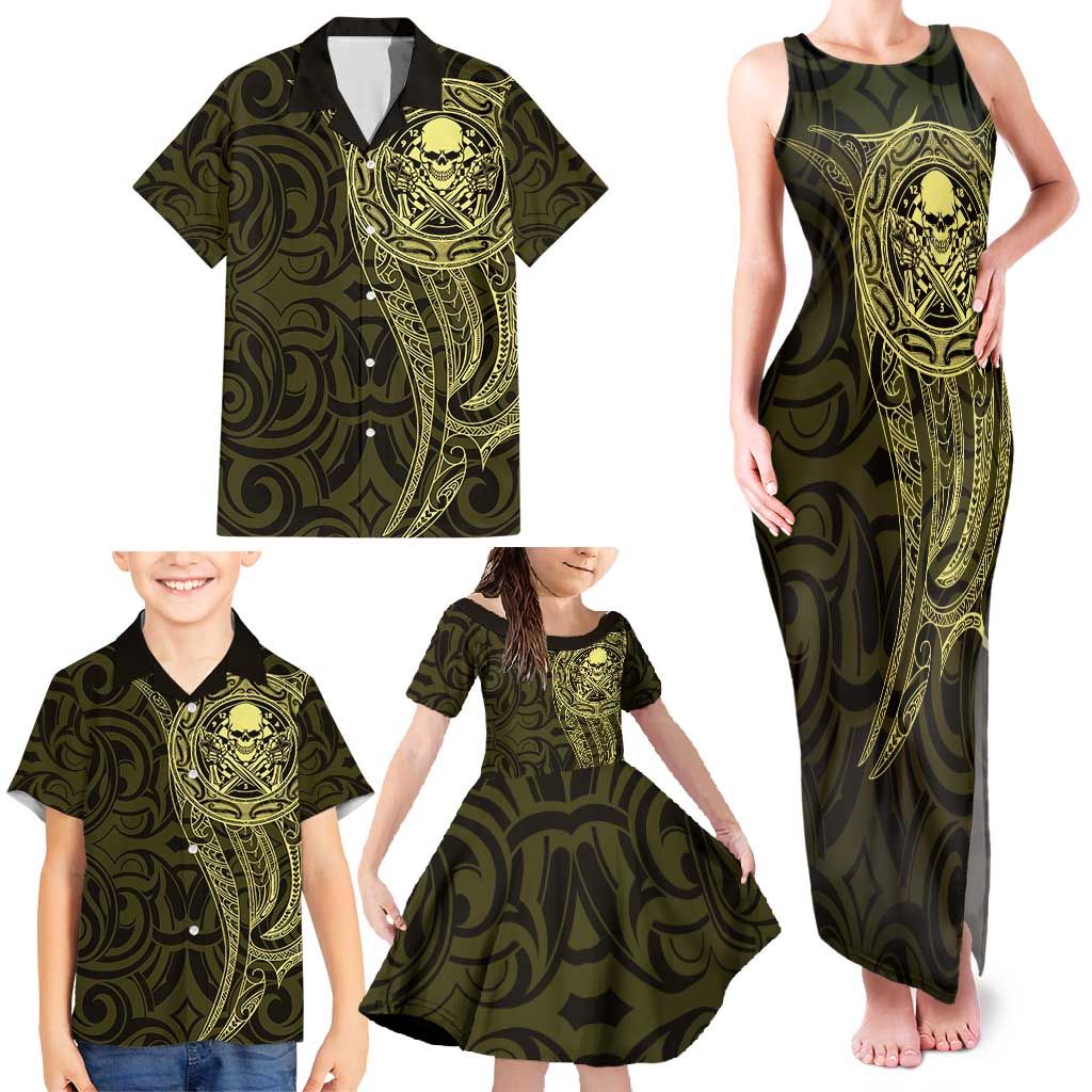 New Zealand Skull Darts Family Matching Tank Maxi Dress and Hawaiian Shirt Aotearoa Maori Chest Tattoo Stylized Gold - Aussie Hoodie