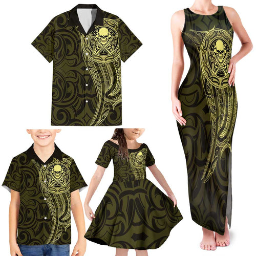 New Zealand Skull Darts Family Matching Tank Maxi Dress and Hawaiian Shirt Aotearoa Maori Chest Tattoo Stylized Gold - Aussie Hoodie