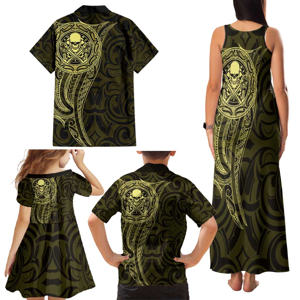 New Zealand Skull Darts Family Matching Tank Maxi Dress and Hawaiian Shirt Aotearoa Maori Chest Tattoo Stylized Gold - Aussie Hoodie