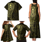 New Zealand Skull Darts Family Matching Tank Maxi Dress and Hawaiian Shirt Aotearoa Maori Chest Tattoo Stylized Gold - Aussie Hoodie