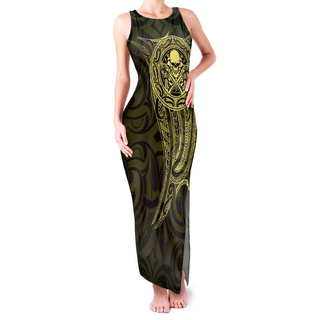 New Zealand Skull Darts Family Matching Tank Maxi Dress and Hawaiian Shirt Aotearoa Maori Chest Tattoo Stylized Gold - Aussie Hoodie