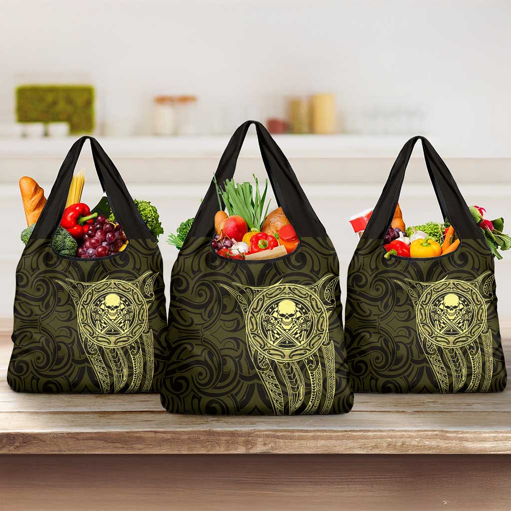New Zealand Skull Darts Grocery Bag Aotearoa Maori Chest Tattoo Stylized Gold - Aussie Hoodie