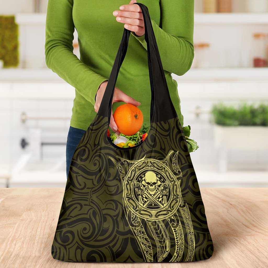 New Zealand Skull Darts Grocery Bag Aotearoa Maori Chest Tattoo Stylized Gold - Aussie Hoodie