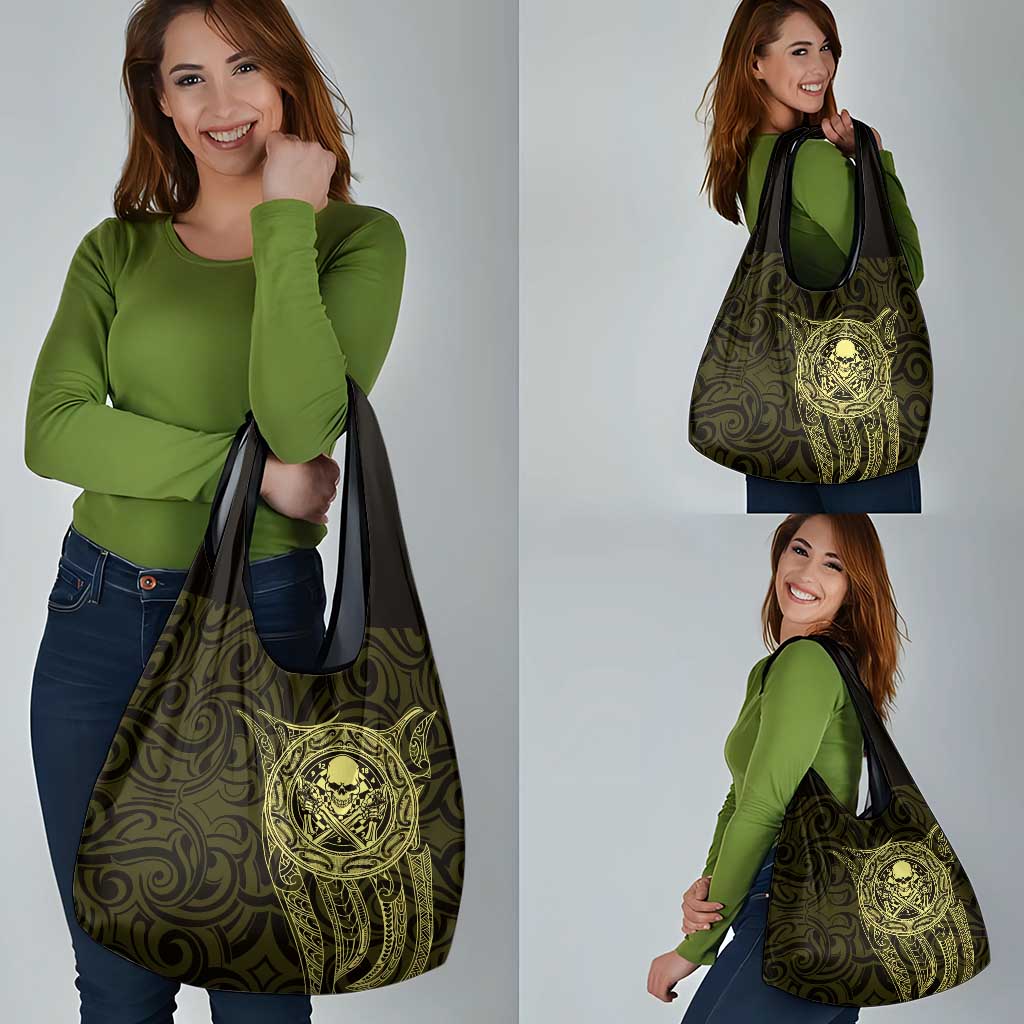 New Zealand Skull Darts Grocery Bag Aotearoa Maori Chest Tattoo Stylized Gold - Aussie Hoodie