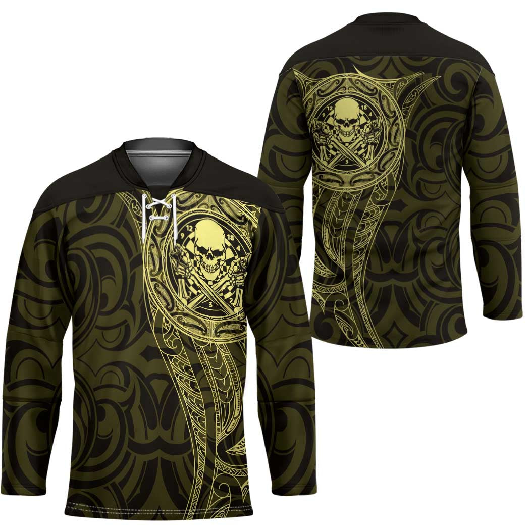 New Zealand Skull Darts Hockey Jersey Aotearoa Maori Chest Tattoo Stylized Gold - Aussie Hoodie