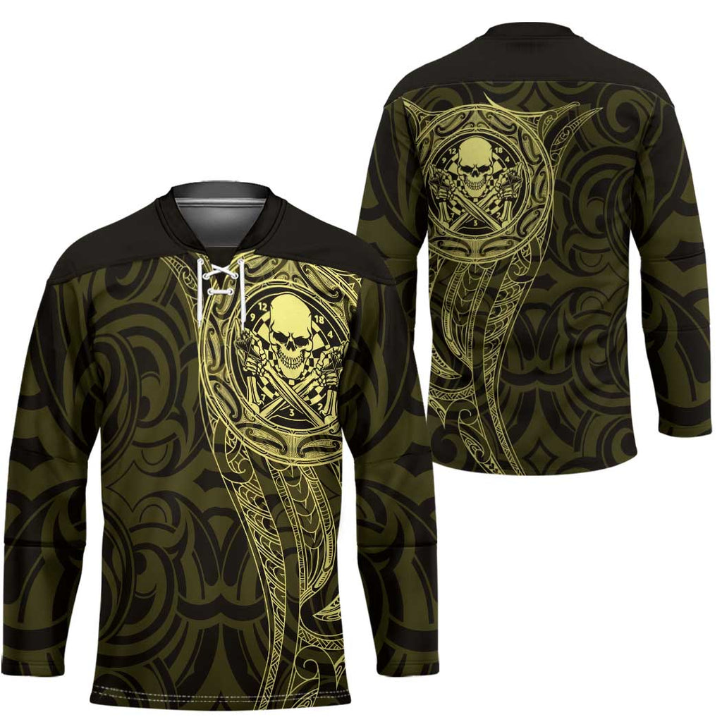 New Zealand Skull Darts Hockey Jersey Aotearoa Maori Chest Tattoo Stylized Gold - Aussie Hoodie