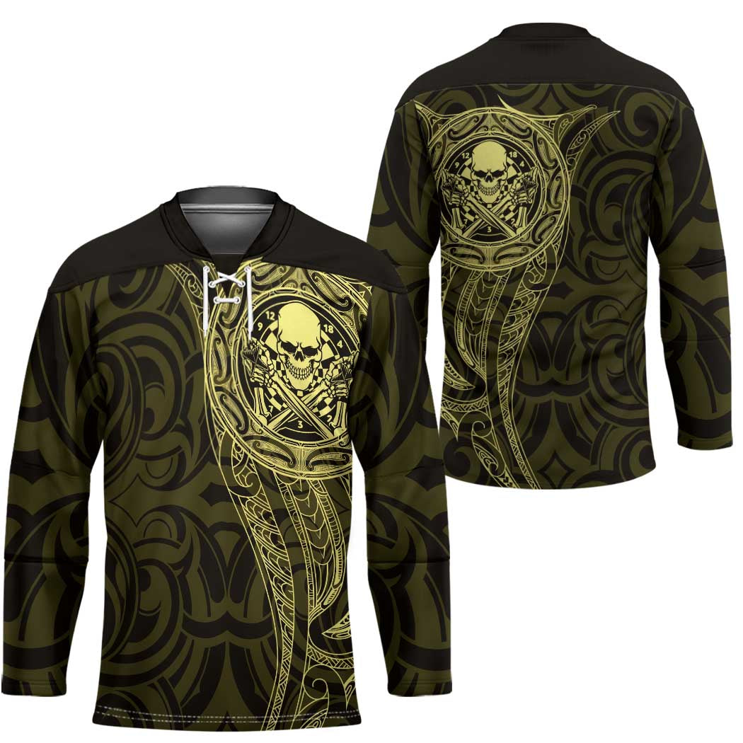 New Zealand Skull Darts Hockey Jersey Aotearoa Maori Chest Tattoo Stylized Gold - Aussie Hoodie