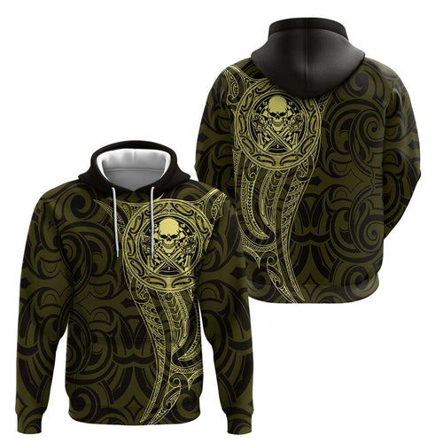 New Zealand Skull Darts Hoodie Aotearoa Maori Chest Tattoo Stylized Gold - Aussie Hoodie