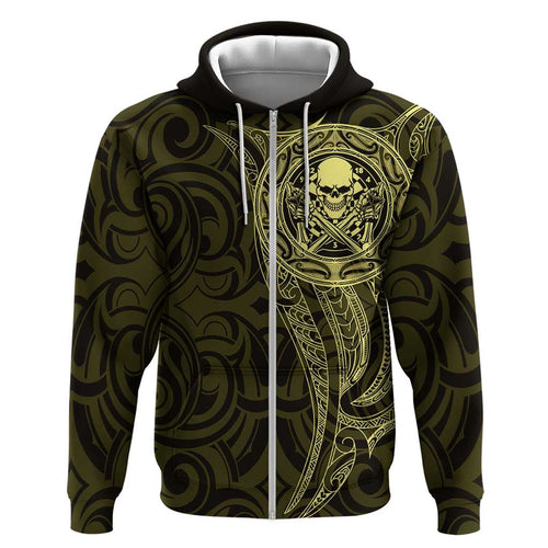 New Zealand Skull Darts Hoodie Aotearoa Maori Chest Tattoo Stylized Gold - Aussie Hoodie